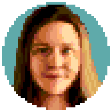 Portrait of Ryan Castellucci in 16 bit era ‘pixel art’ style. Long brown hair, light skin, androgynous features, smiling slightly.